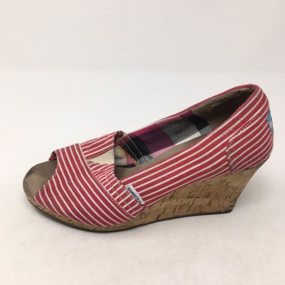 TOMS RED WHITE STRIPE WEDGE PEEP TOE HEELS 6 - Picture 1 of 6